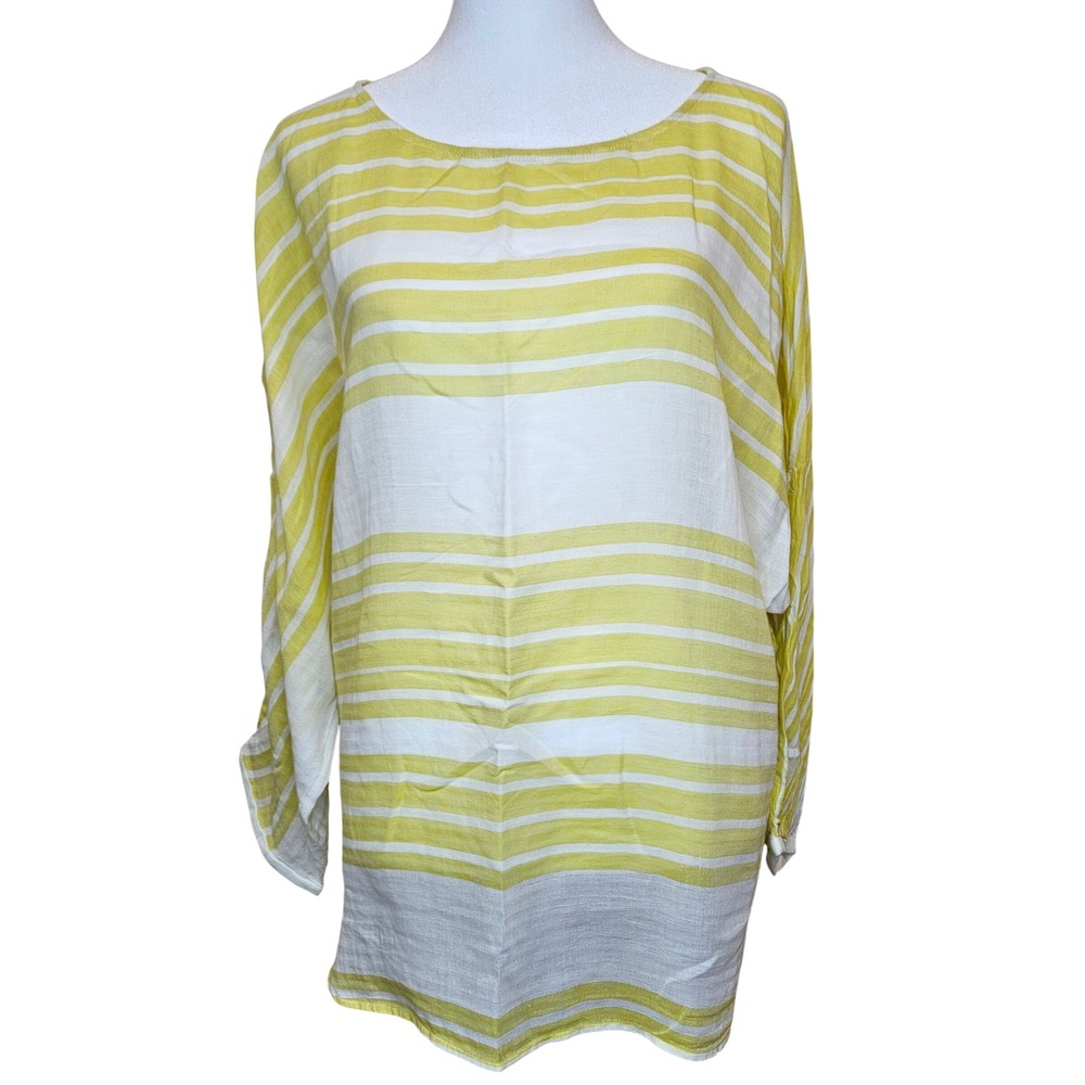 LOFT White And Yellow Striped 100% Cotton Long Sleeve Blouse Size Medium - Picture 1 of 6